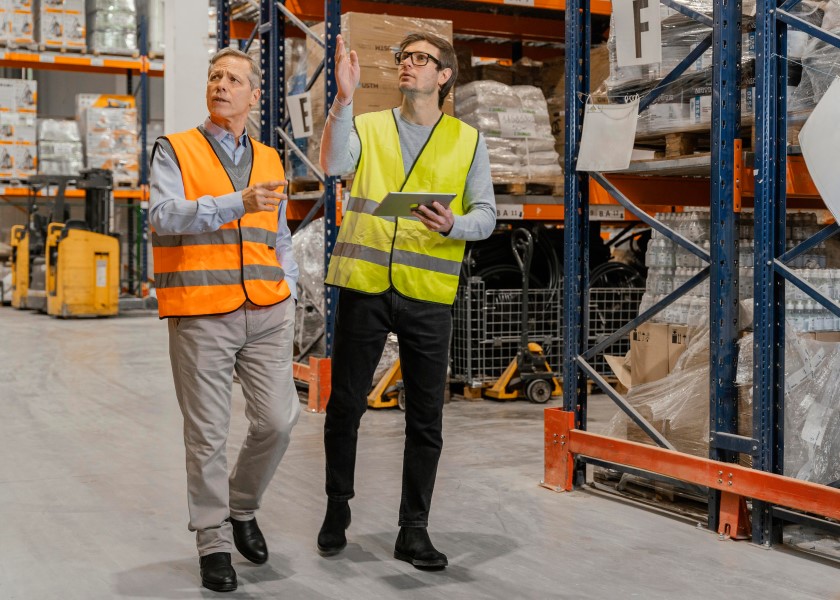 Two workers walking through a warehouse