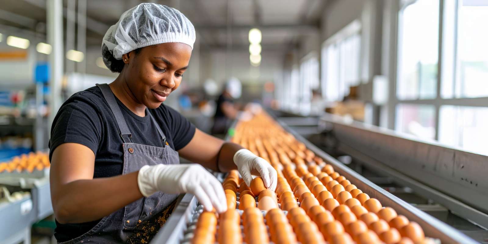 Female Warehouse worker sorting and packaging eggs at a distribution center
