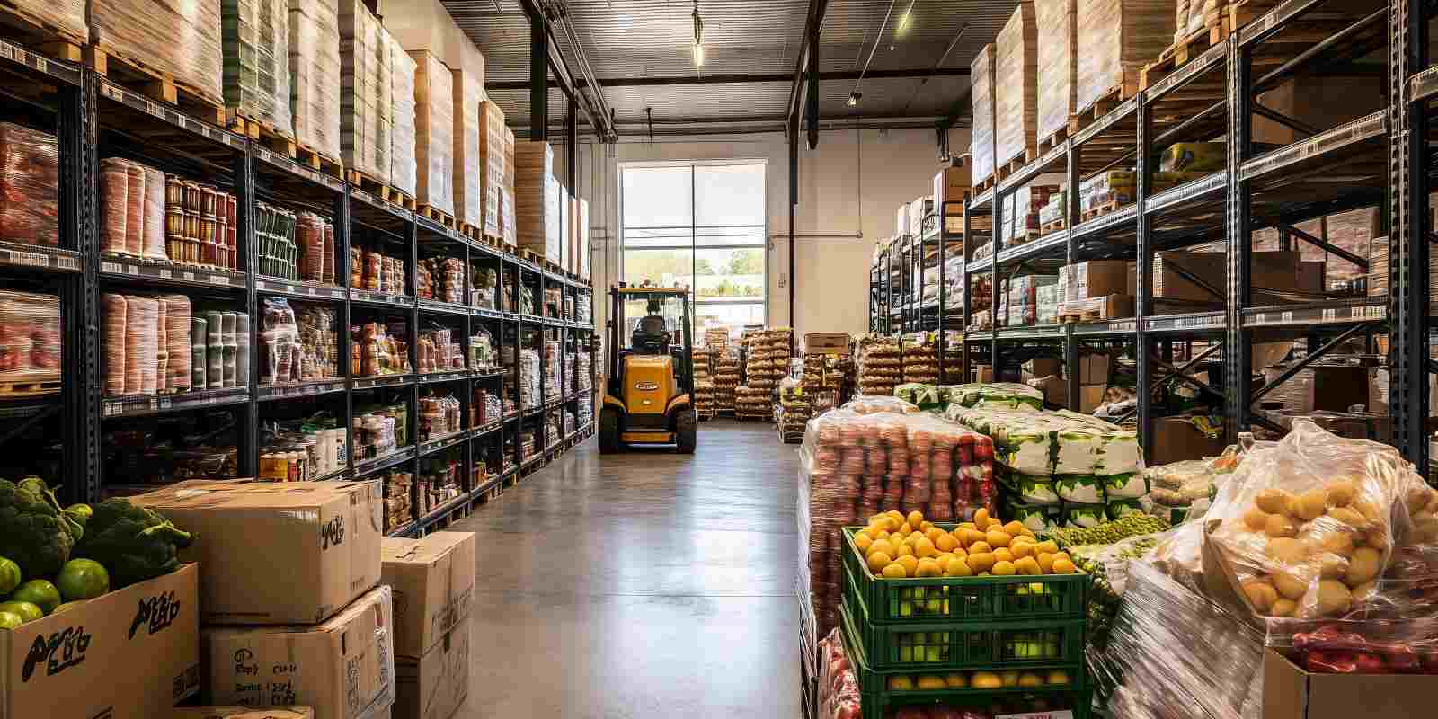 Grocery Warehouse with crates filled with produce and a forklift