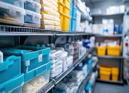 Various Medical supplies stored in a room inside a supply warehouse