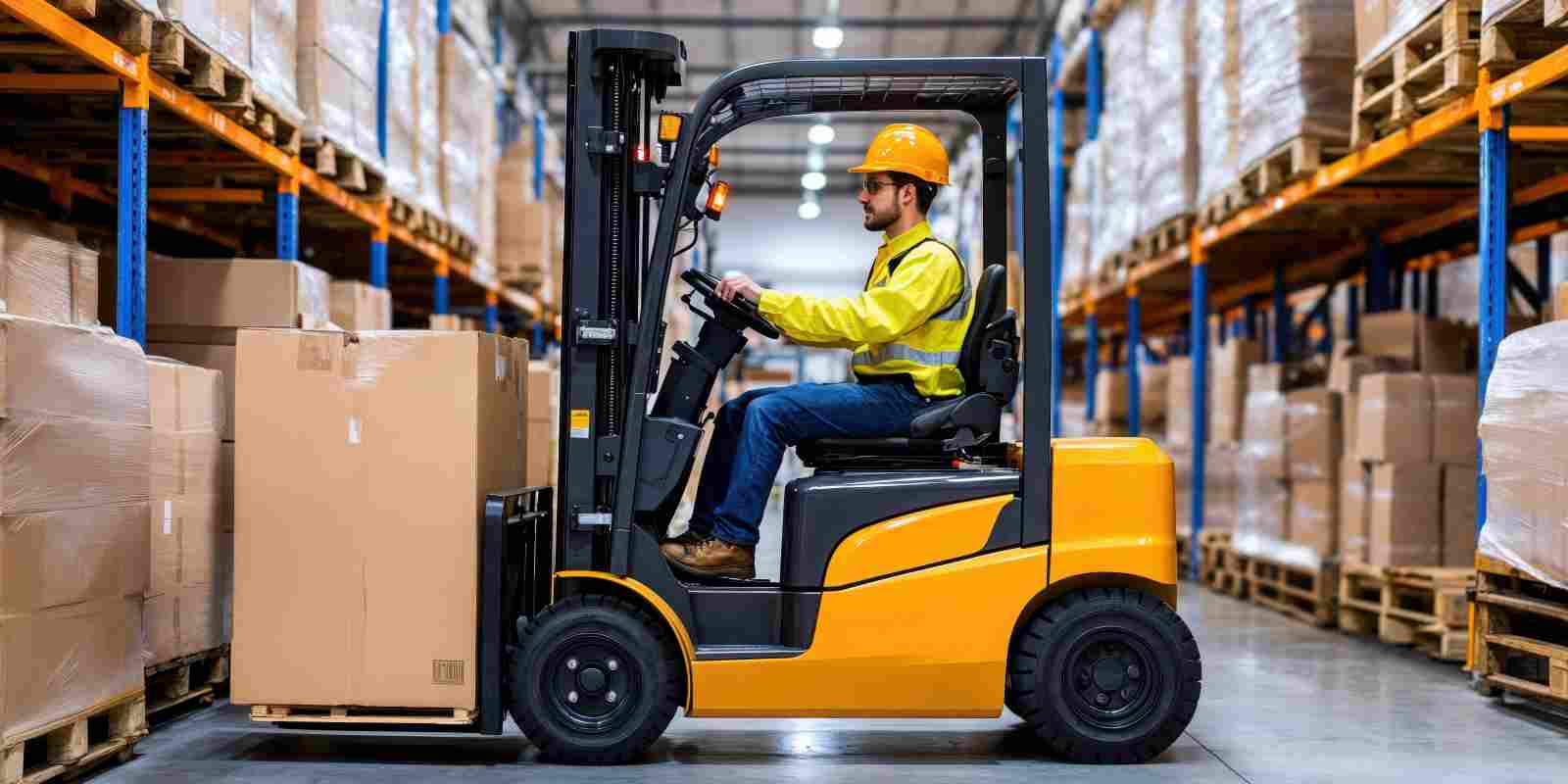 Driver on Forklift Carrying Boxes in Warehouse