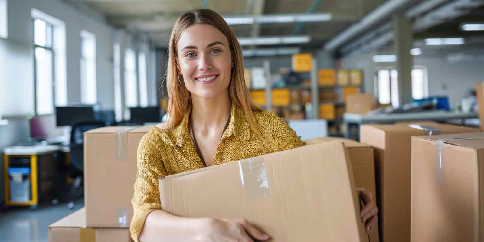 Female Order Selector Holding A Box with Warehouse Background