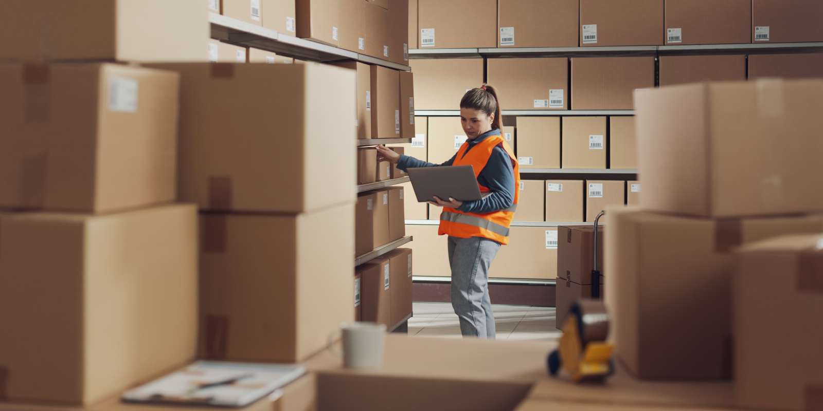 Woman Warehouse Order Selector Working on Laptop