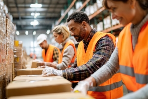 Team of Workers Packing Boxes in Warehouse