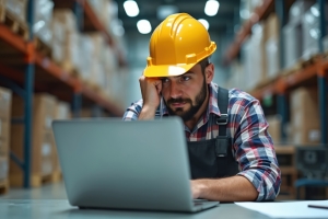 Warehouse Operator Sitting Stressed in Front of Laptop Due to Labor Shortage