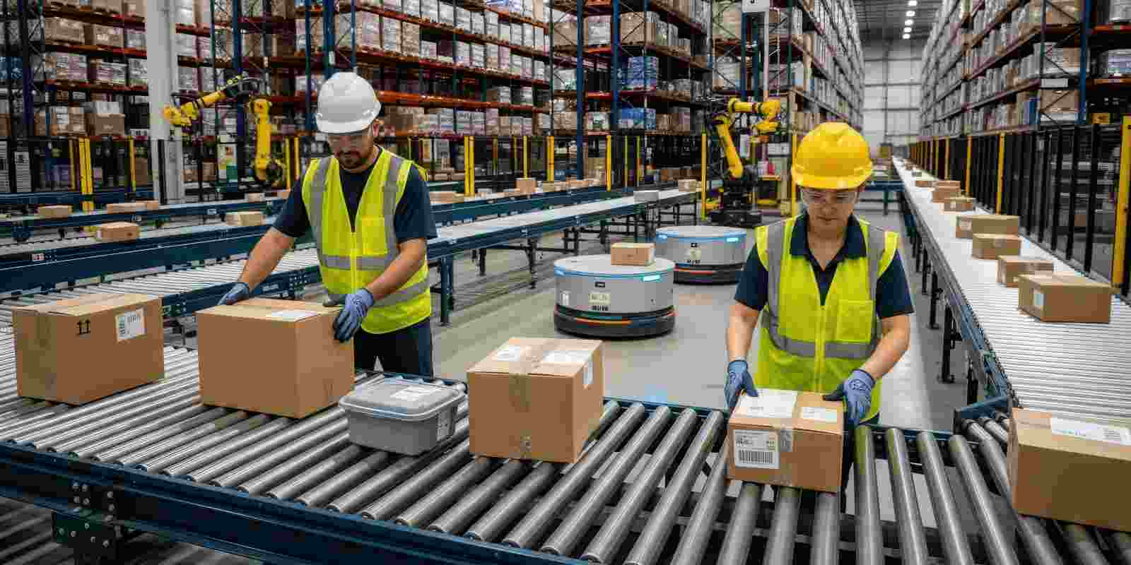 Warehouse Workers Managing Packages on an Automated Conveyor System