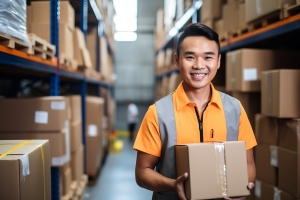 Warehouse Order Picker Carrying A Box for Delivery