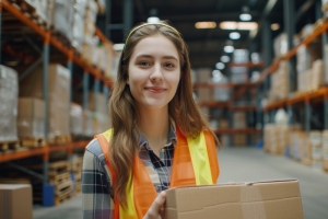 Young Female Order Selector with A Box in Warehouse